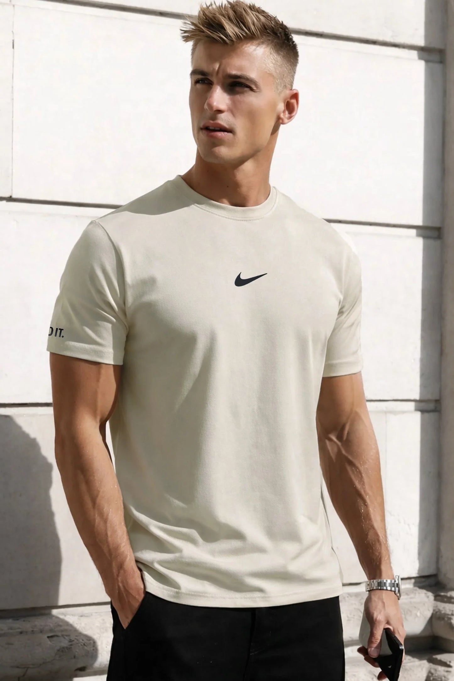 remium Beige Minimal Crew Neck Cotton T-Shirt