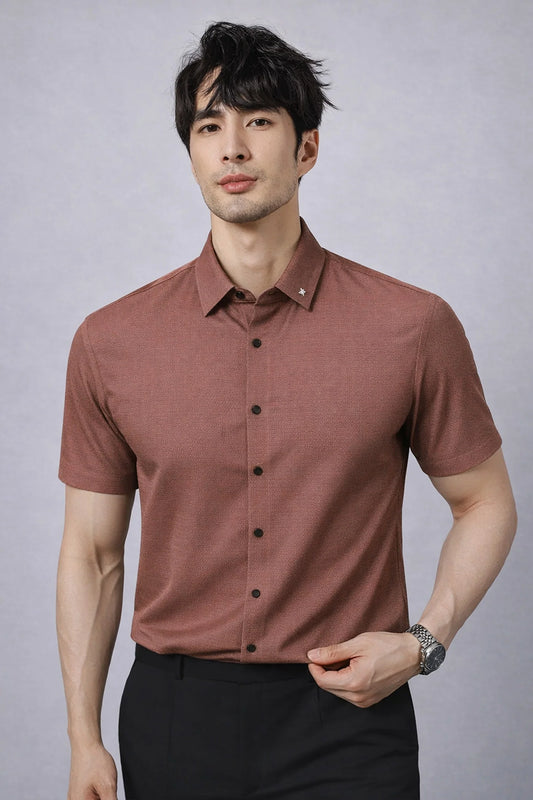 Men's Rust Brown Slim-Fit Short Sleeve Shirt