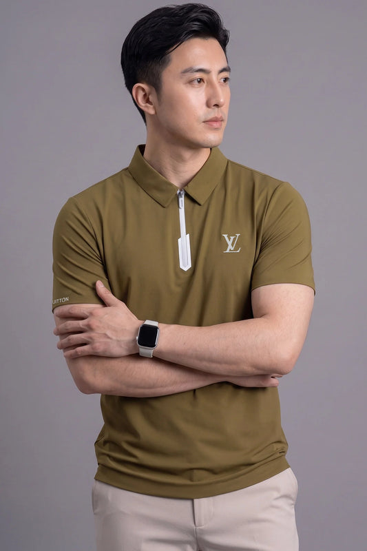 Luxury Olive Green Half Zip Polo Shirt