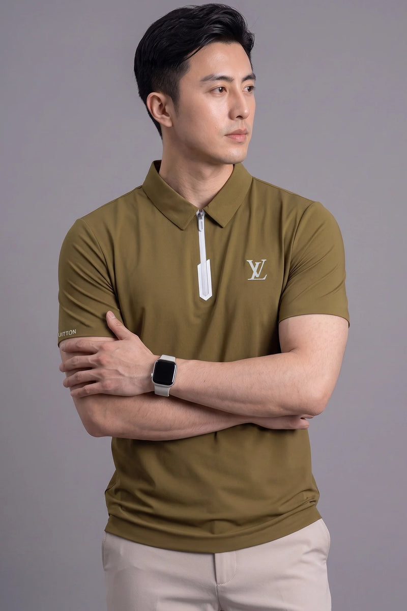 Luxury Olive Green Half Zip Polo Shirt